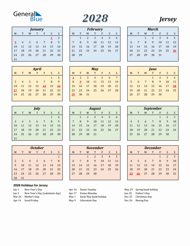 Jersey Calendar 2028 with Monday Start