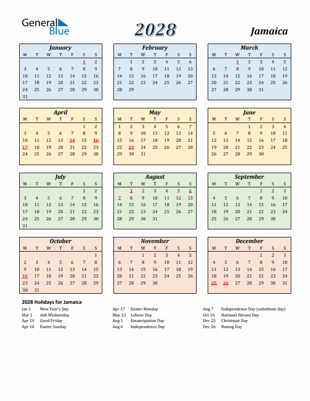 Jamaica Calendar 2028 with Monday Start