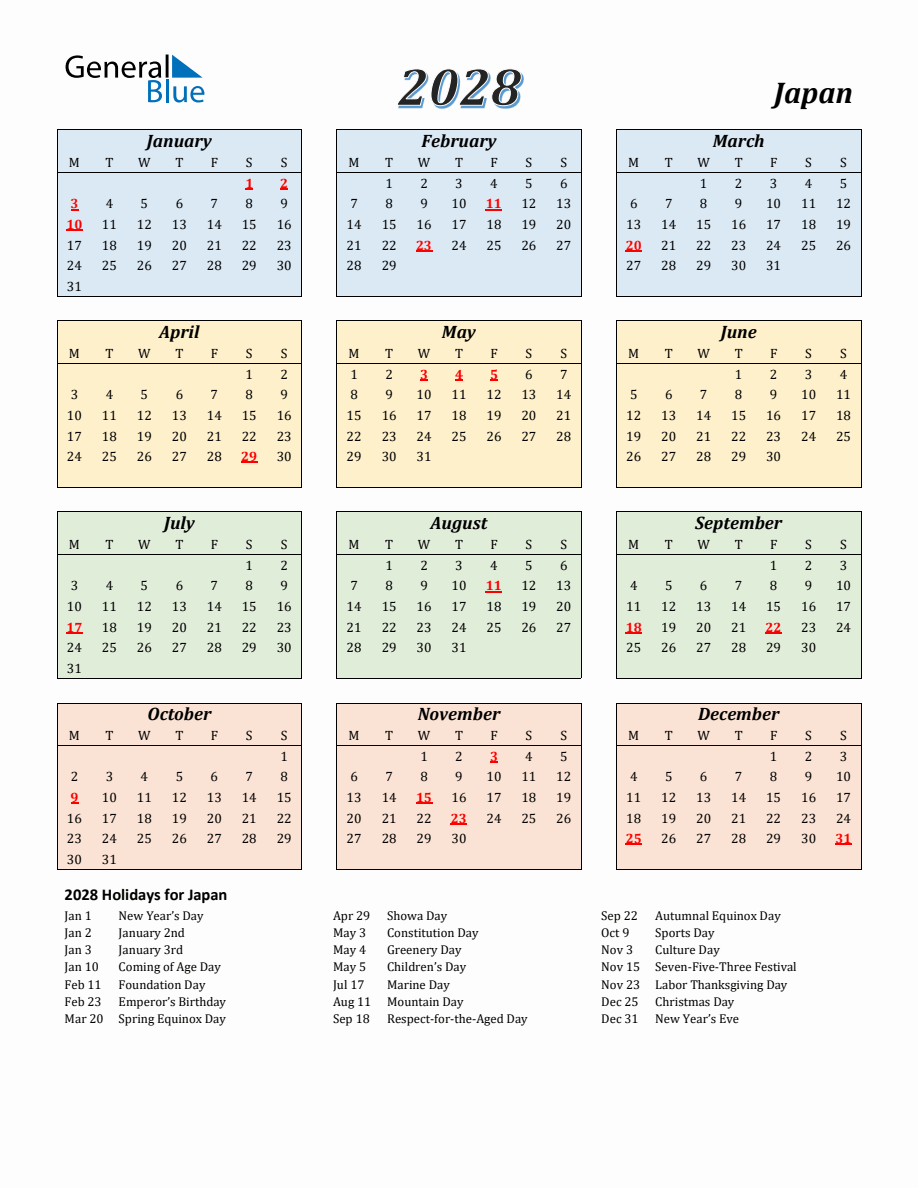 2028 Japan Calendar with Monday Start