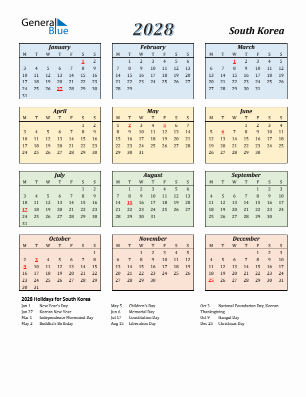 South Korea Calendar 2028 with Monday Start