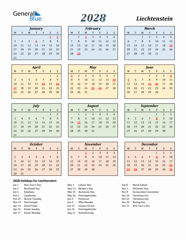 Liechtenstein Calendar 2028 with Monday Start