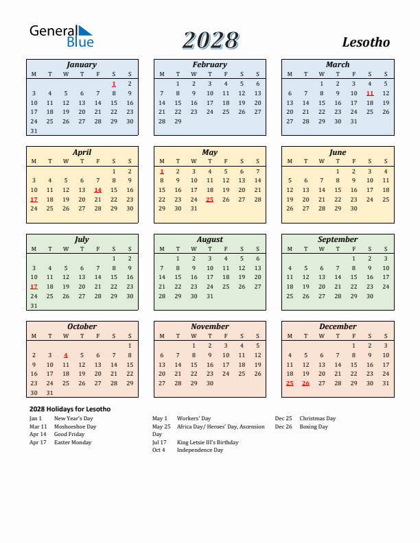 Lesotho Calendar 2028 with Monday Start