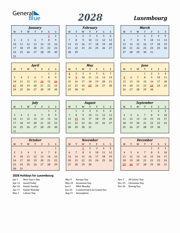 Luxembourg Calendar 2028 with Monday Start