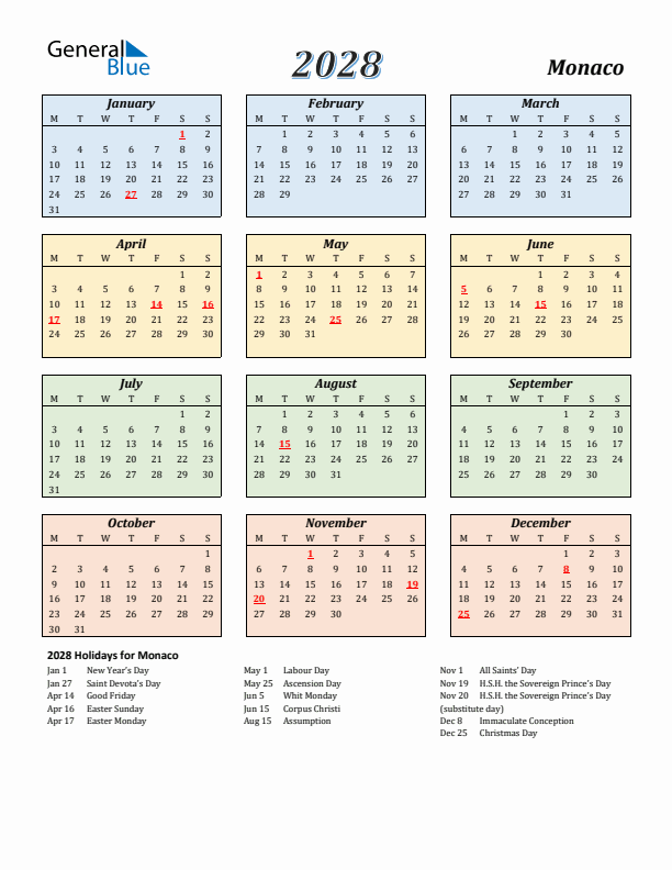Monaco Calendar 2028 with Monday Start