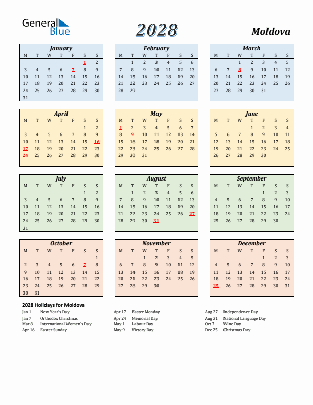 Moldova Calendar 2028 with Monday Start