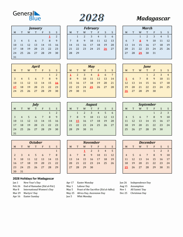 Madagascar Calendar 2028 with Monday Start