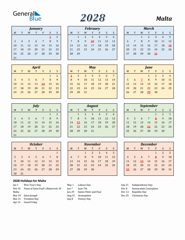 Malta Calendar 2028 with Monday Start