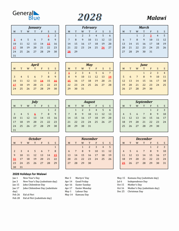 Malawi Calendar 2028 with Monday Start