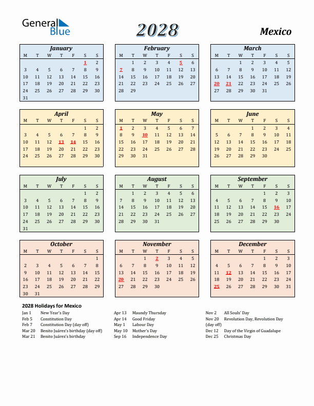 Mexico Calendar 2028 with Monday Start