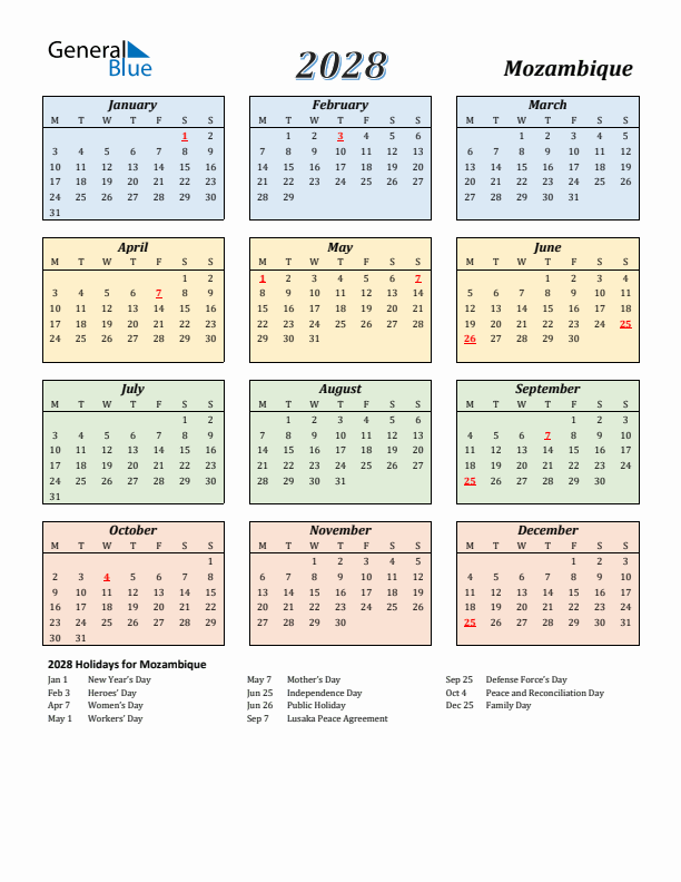 Mozambique Calendar 2028 with Monday Start
