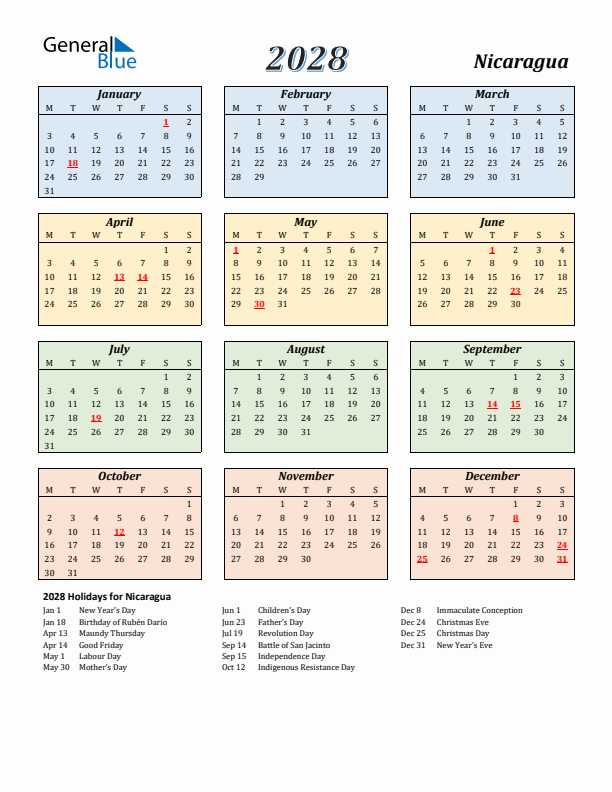 Nicaragua Calendar 2028 with Monday Start