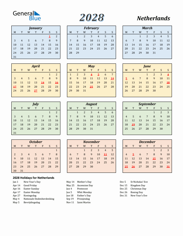 The Netherlands Calendar 2028 with Monday Start