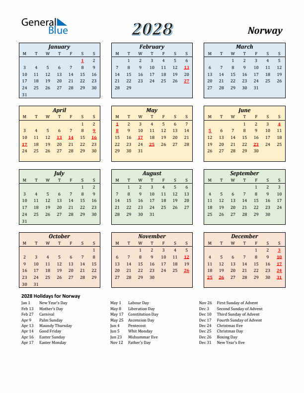 Norway Calendar 2028 with Monday Start