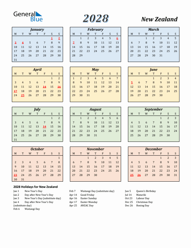 New Zealand Calendar 2028 with Monday Start