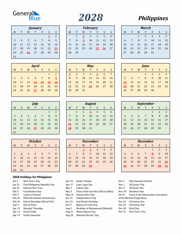 Philippines Calendar 2028 with Monday Start