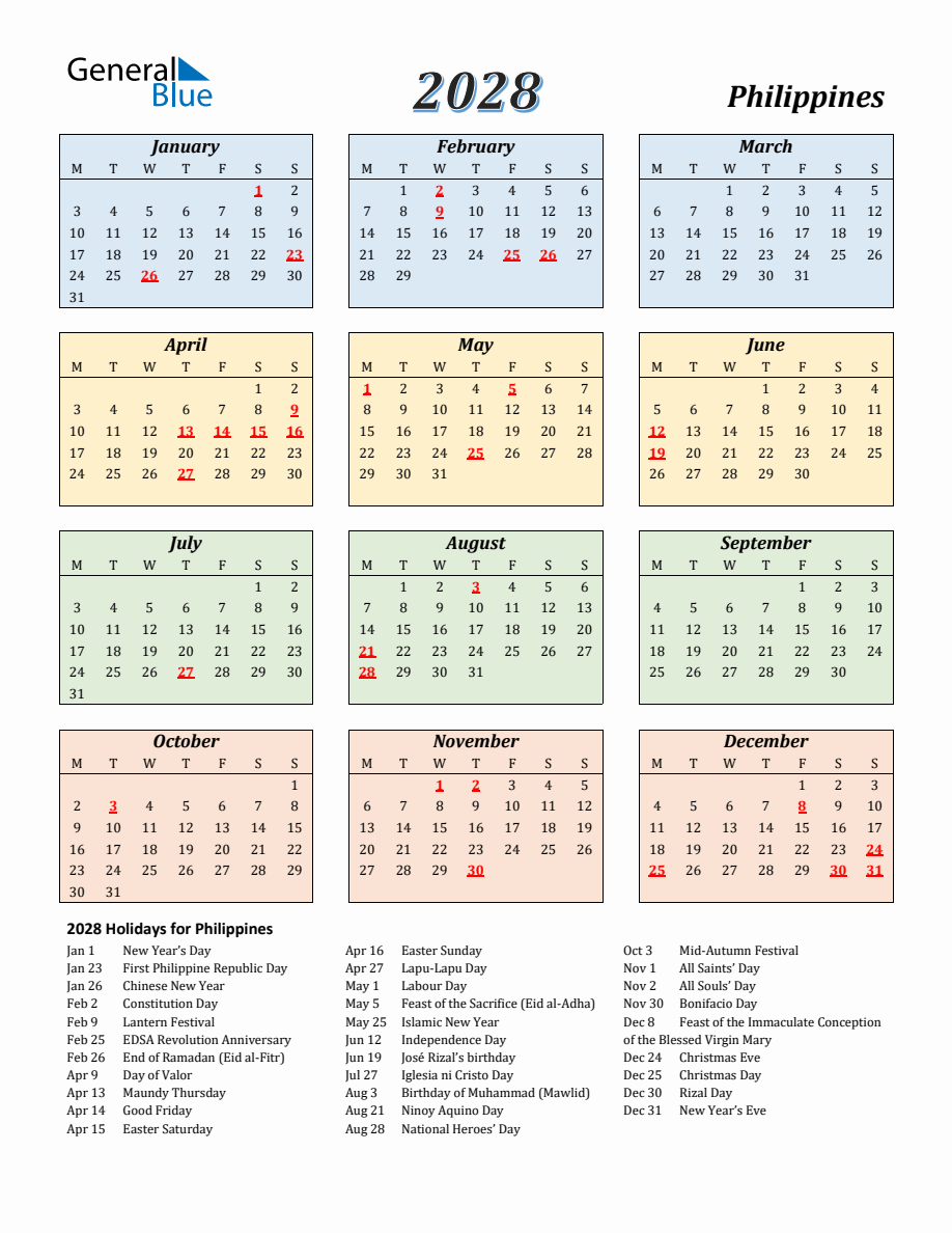 2028 Philippines Calendar With Monday Start