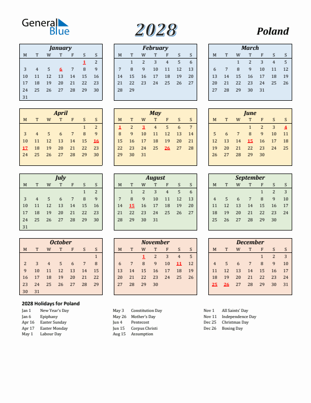 Poland Calendar 2028 with Monday Start