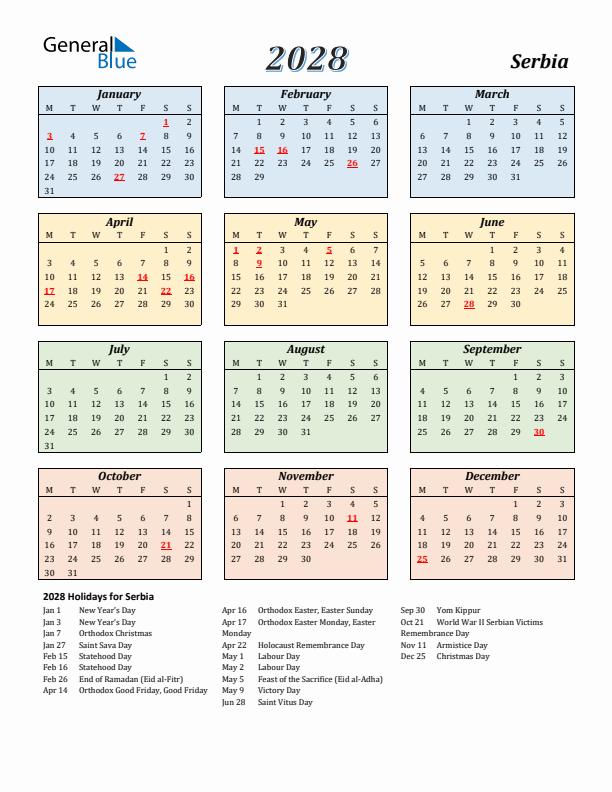 Serbia Calendar 2028 with Monday Start