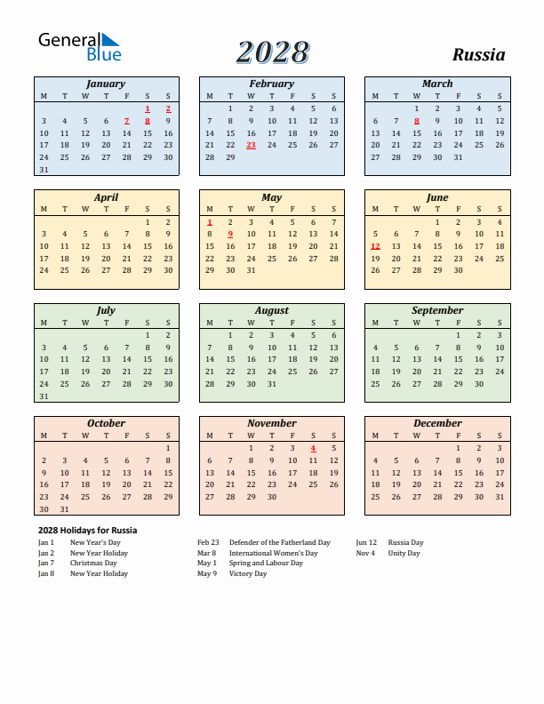 Russia Calendar 2028 with Monday Start