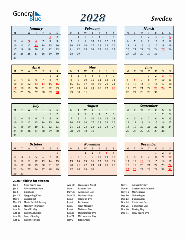 Sweden Calendar 2028 with Monday Start