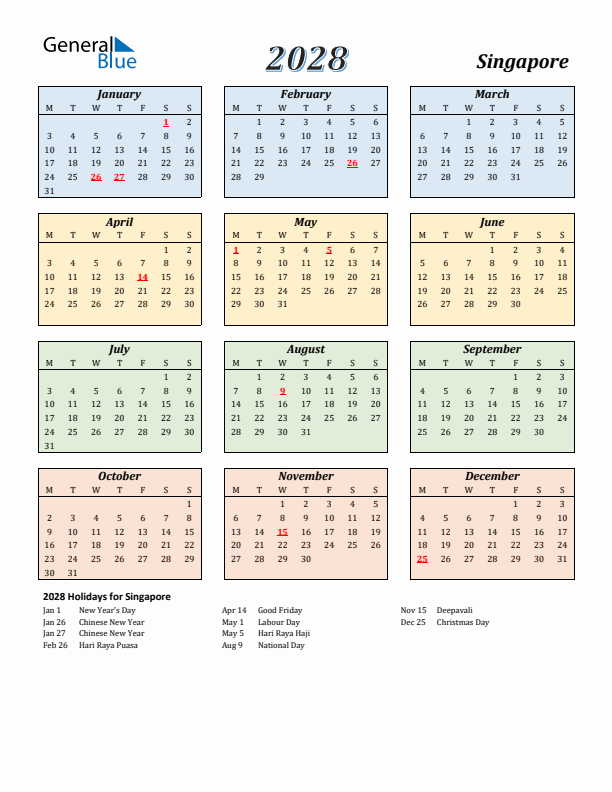 Singapore Calendar 2028 with Monday Start