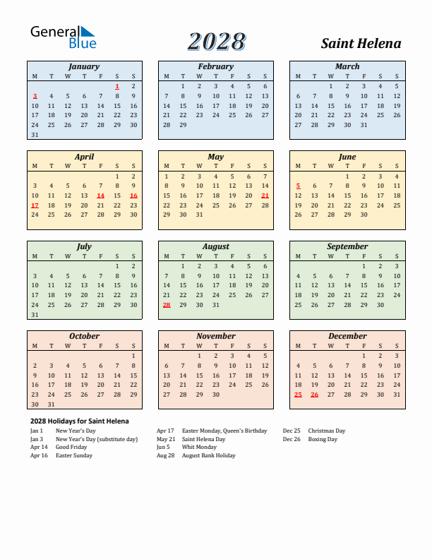 Saint Helena Calendar 2028 with Monday Start