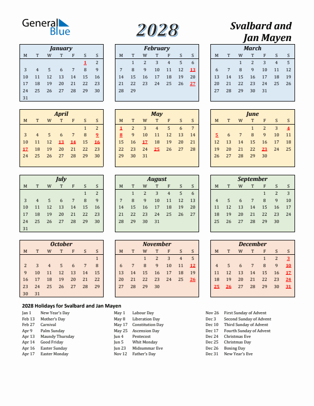 Svalbard and Jan Mayen Calendar 2028 with Monday Start