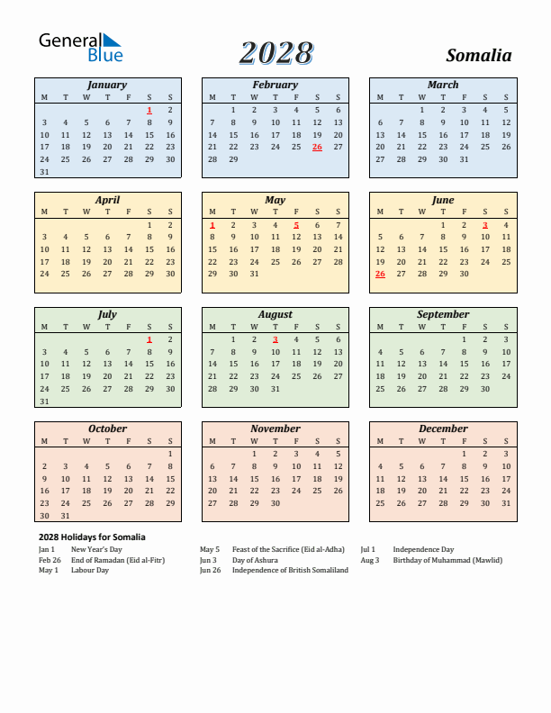 Somalia Calendar 2028 with Monday Start