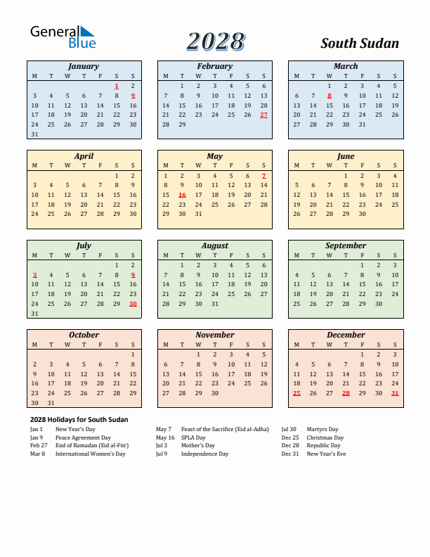 South Sudan Calendar 2028 with Monday Start