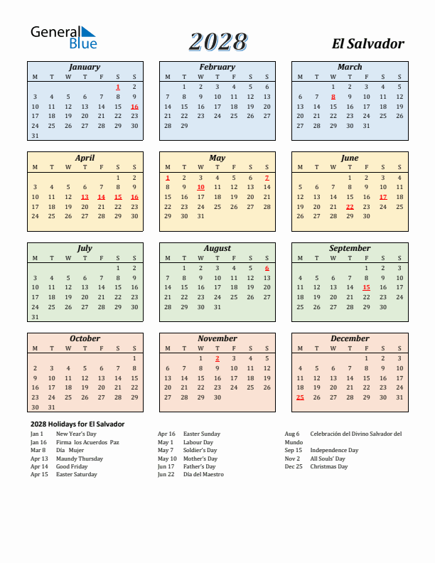 El Salvador Calendar 2028 with Monday Start