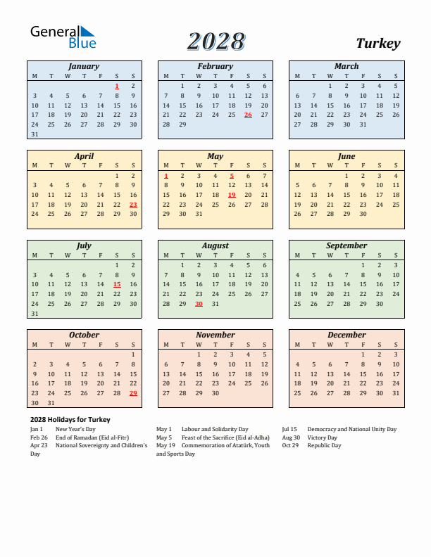 Turkey Calendar 2028 with Monday Start