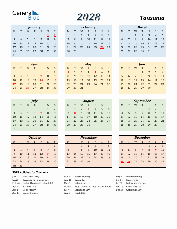Tanzania Calendar 2028 with Monday Start