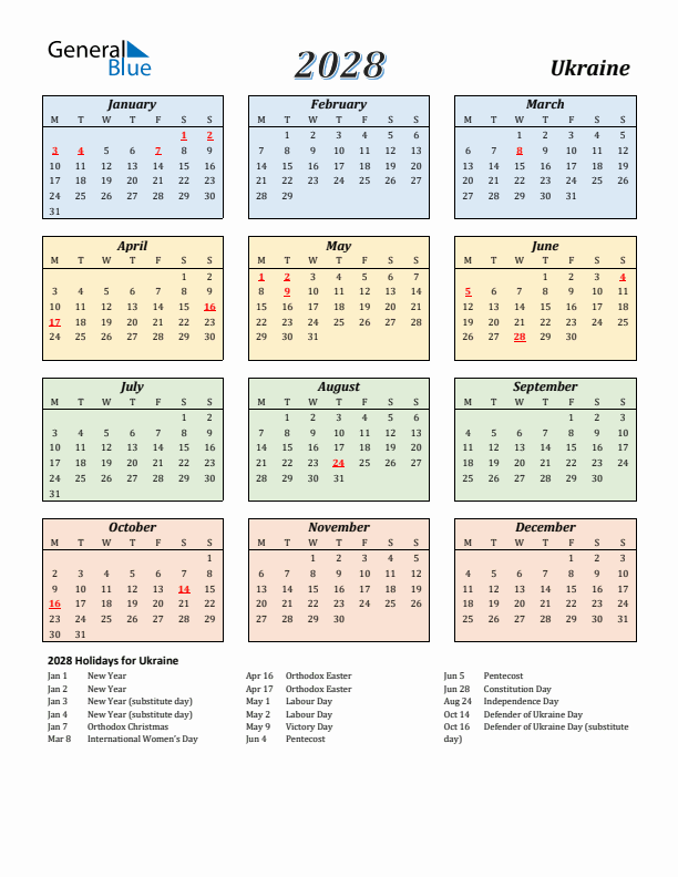 Ukraine Calendar 2028 with Monday Start