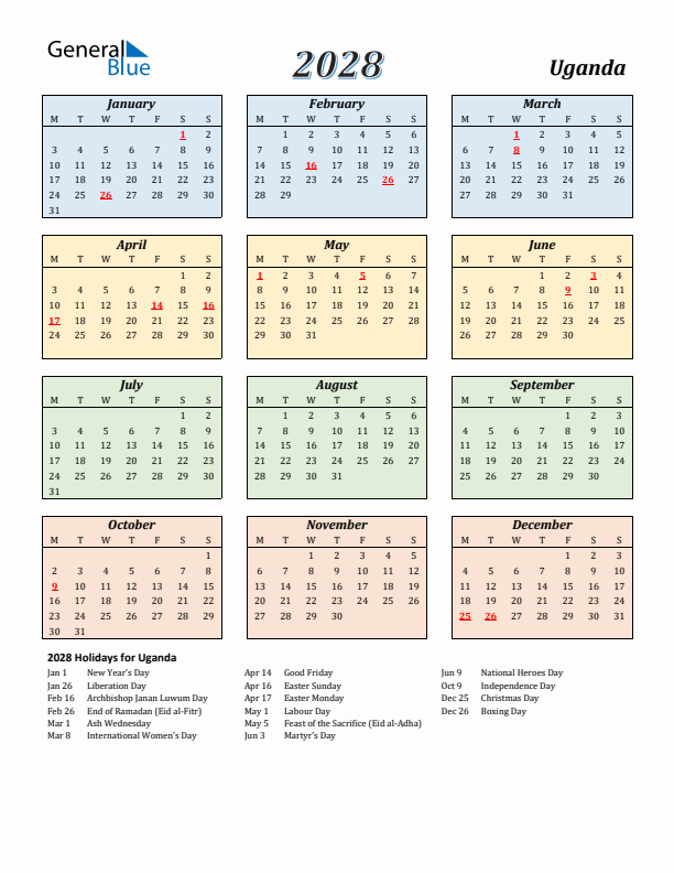 Uganda Calendar 2028 with Monday Start