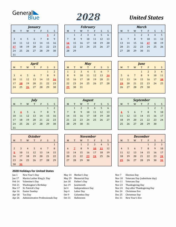 United States Calendar 2028 with Monday Start