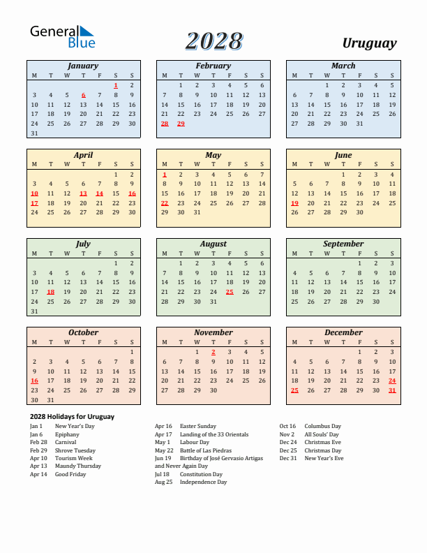 Uruguay Calendar 2028 with Monday Start