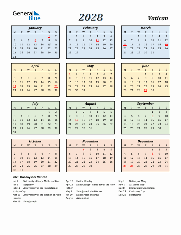 Vatican Calendar 2028 with Monday Start
