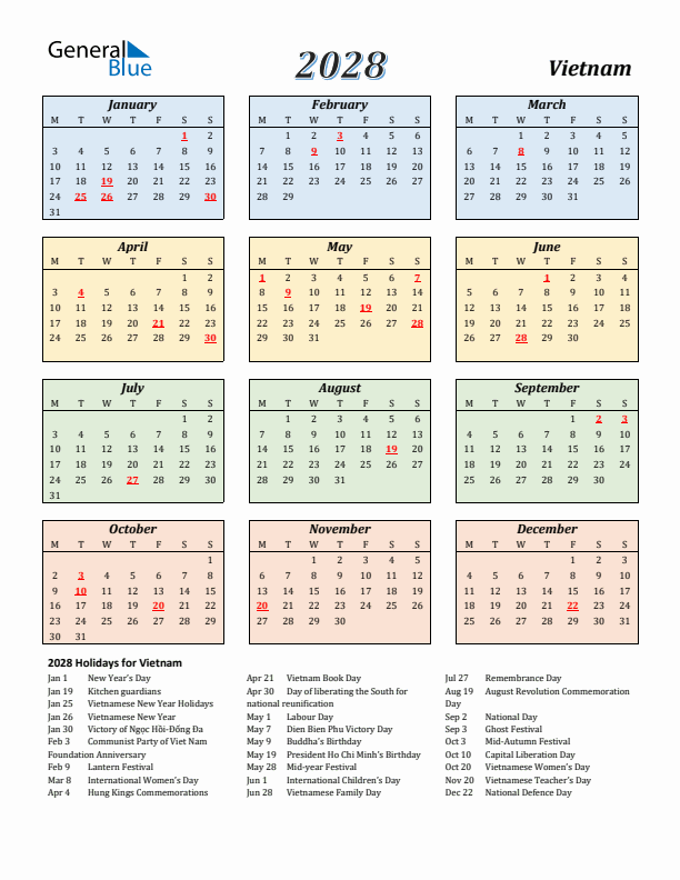 Vietnam Calendar 2028 with Monday Start