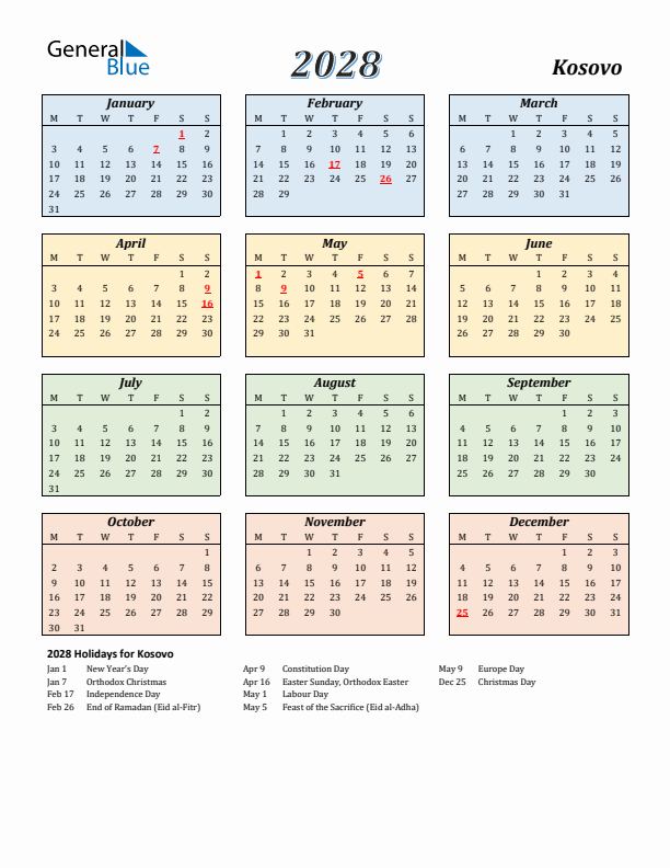 Kosovo Calendar 2028 with Monday Start