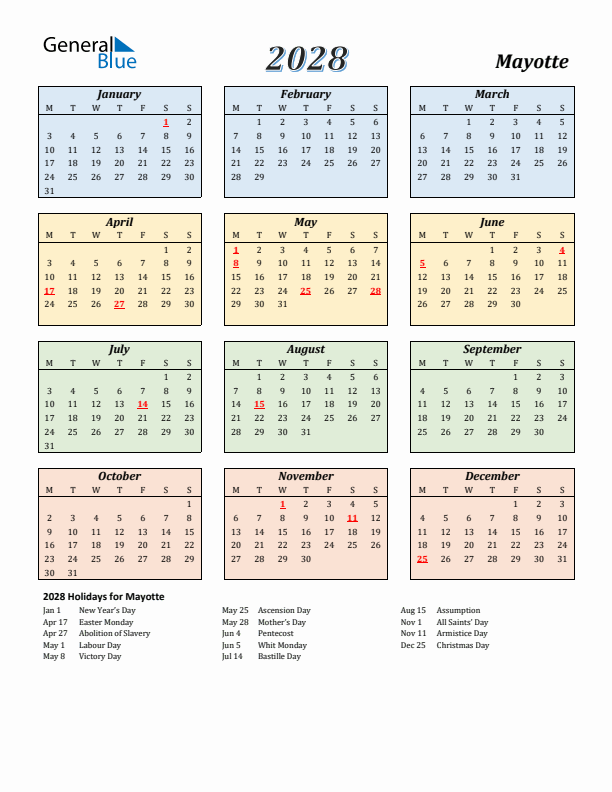 Mayotte Calendar 2028 with Monday Start