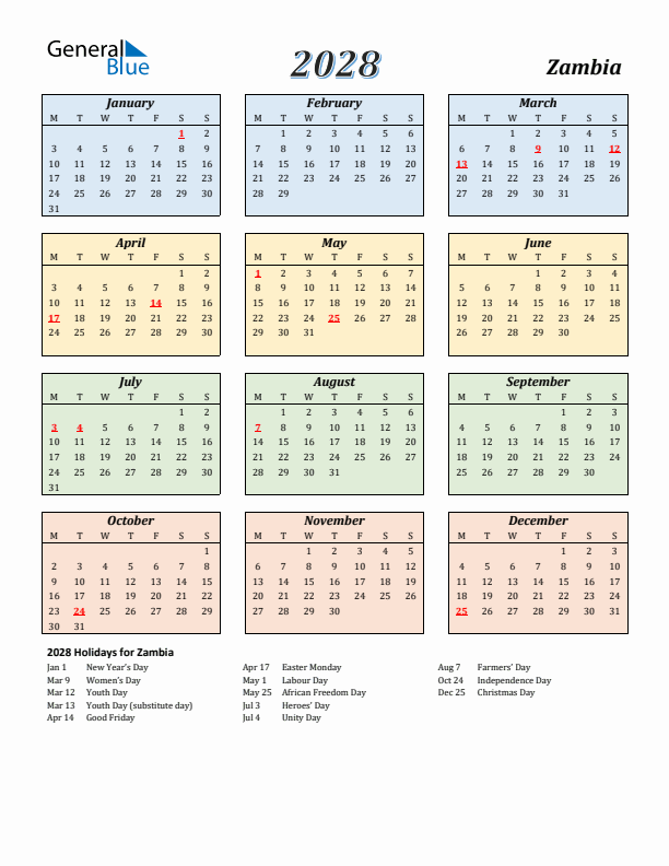 Zambia Calendar 2028 with Monday Start