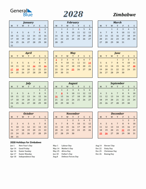 Zimbabwe Calendar 2028 with Monday Start