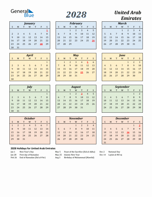 United Arab Emirates Calendar 2028 with Sunday Start