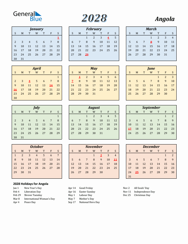 Angola Calendar 2028 with Sunday Start
