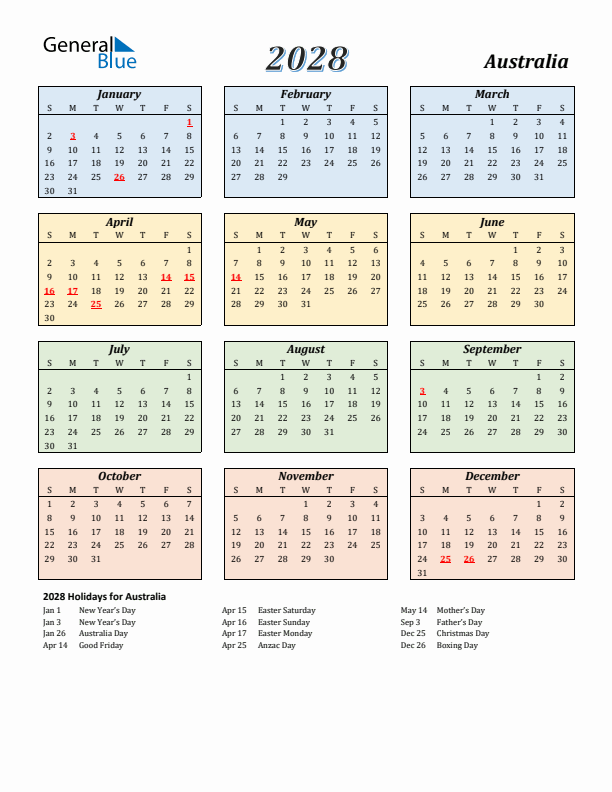 Australia Calendar 2028 with Sunday Start