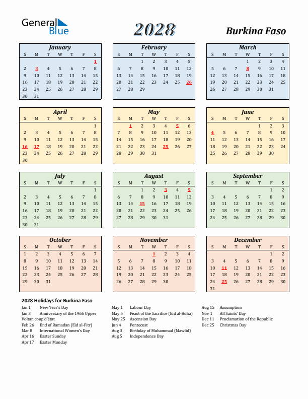 Burkina Faso Calendar 2028 with Sunday Start
