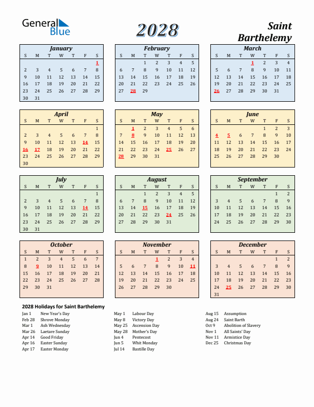 Saint Barthelemy Calendar 2028 with Sunday Start