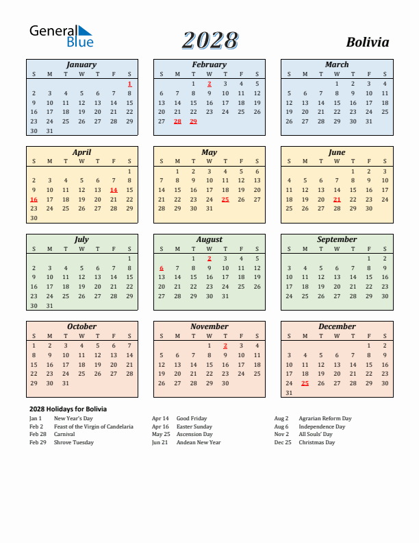 Bolivia Calendar 2028 with Sunday Start