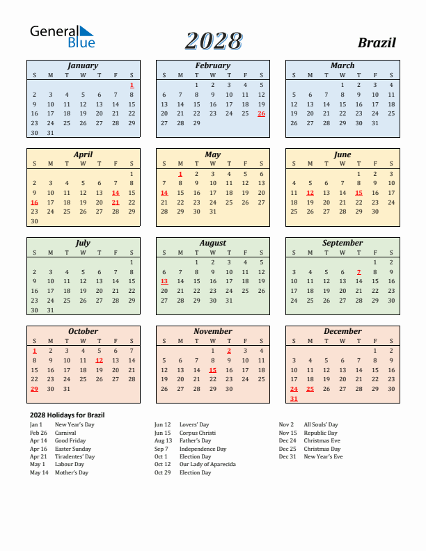 Brazil Calendar 2028 with Sunday Start
