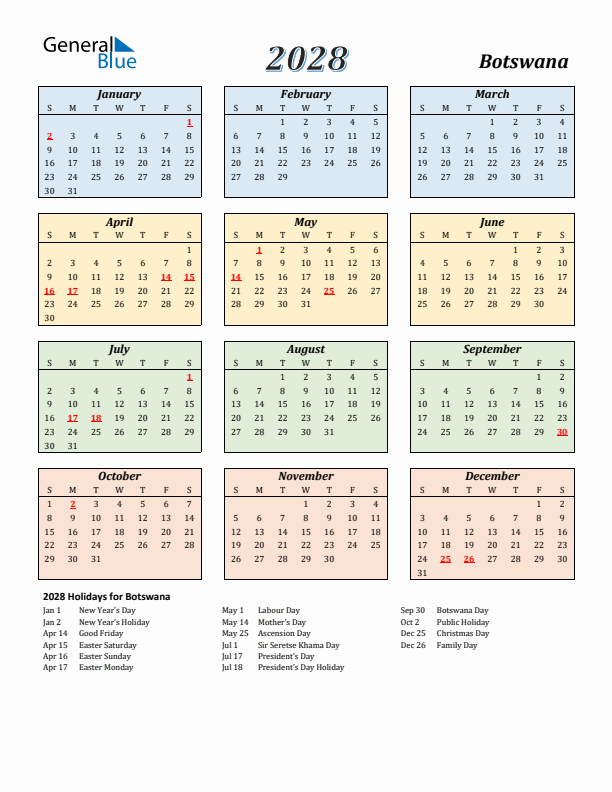 Botswana Calendar 2028 with Sunday Start